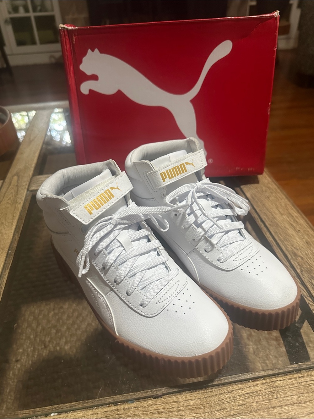 Puma “Carina” White Mid Sneakers with Gum Sole and Gold Logo Accent